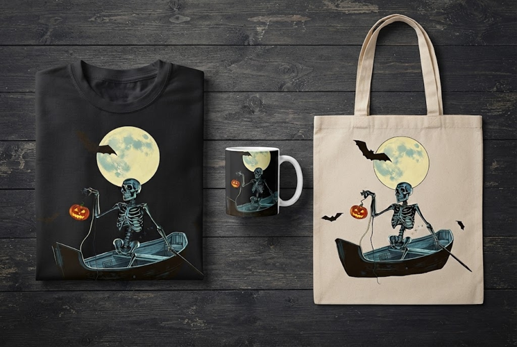 Skeleton Rowing Boat Halloween Design with Full Moon