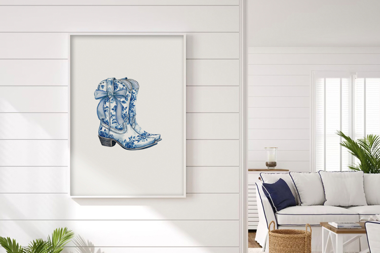 Watercolor Blue Coquette Bow Cowboy Boot Print