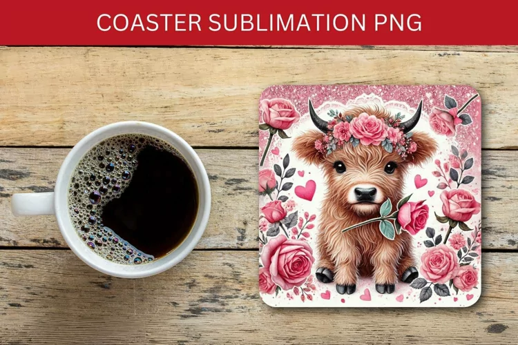 valentine square coaster - highland cow roses