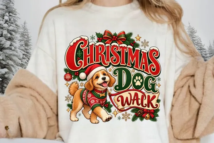 Christmas Dog Walk PNG - Cute Dog on Leash in Sweater