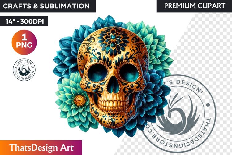 Floral Black Gold Sugar Skull dia de muertos Clipart PNG