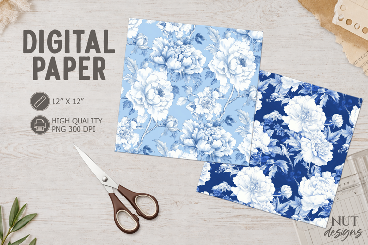 Blue White Peony Digital Paper Chinoiserie Scrapbooking