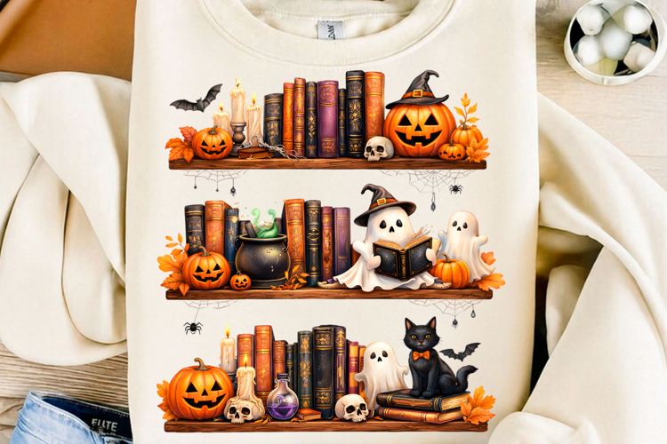 Spooky Halloween Bookshelf Ghost Library PNG