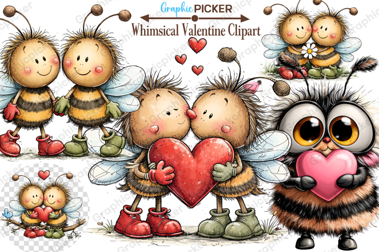 Whimsical Valentine Day Bee Clipart, Valentine Clipart