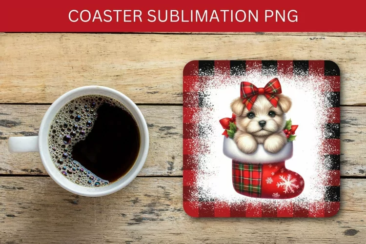 square coaster - dog puppy in the christmas stocking
