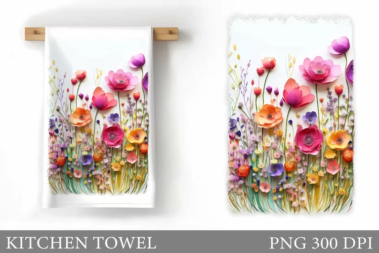 3D Wildflowers Kitchen Towel. Summer Flowers Kitchen Towel