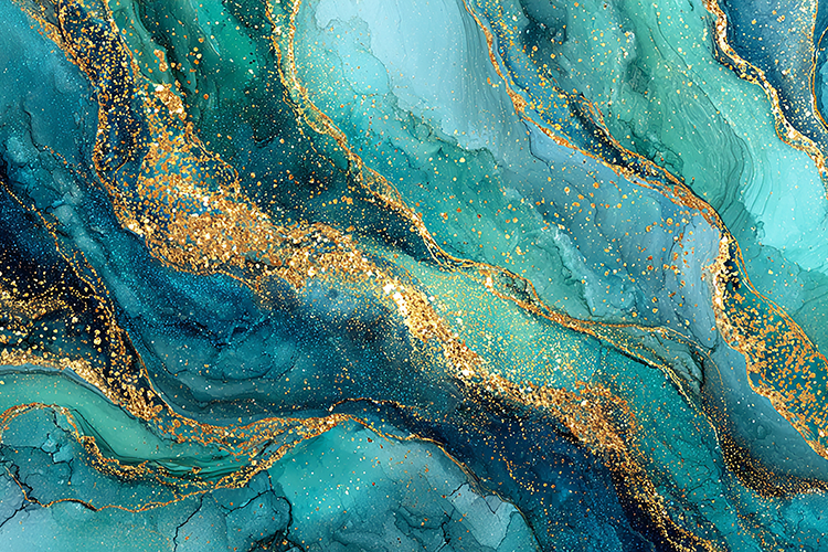 Swirling teal and gold patterns on a textured background