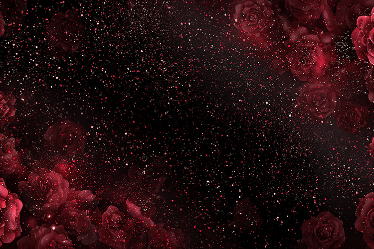 A dark, starry night sky with red nebulae and roses