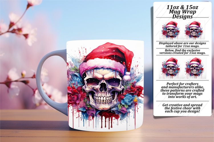 Skull and Flower Mug Wrap for Halloween 11oz/15oz