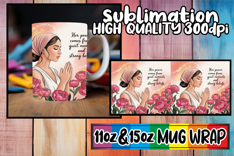 Luminous vibes sublimation mug wrap, Praying Woman example image 1