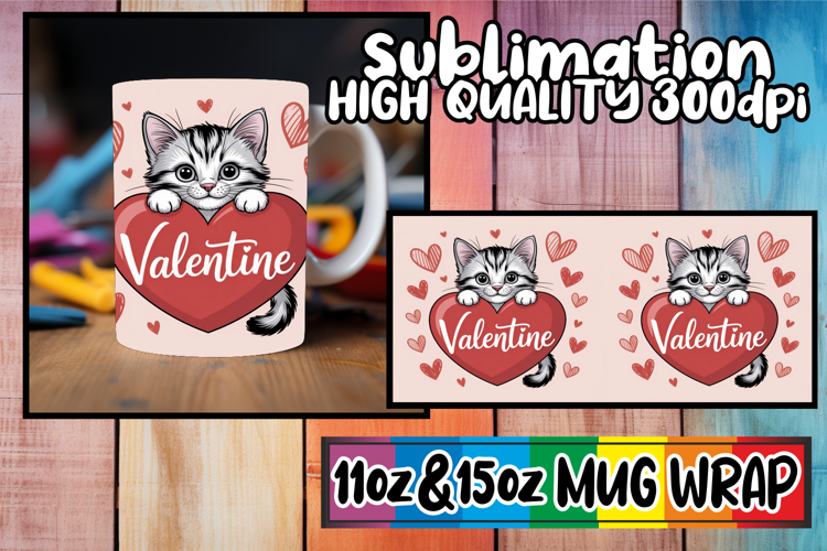 Radiant smiles 11oz 15oz mug wrap, Valentines Cat
