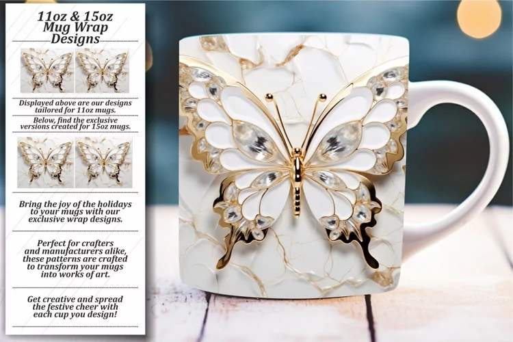 Enchanting Butterflies in 3D: Glossy Mug Wrap 11oz 15oz