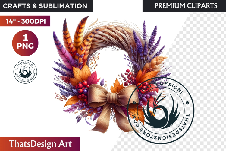 Cozy Autumn Wreath - Boho Farmhouse Fall Clipart PNG