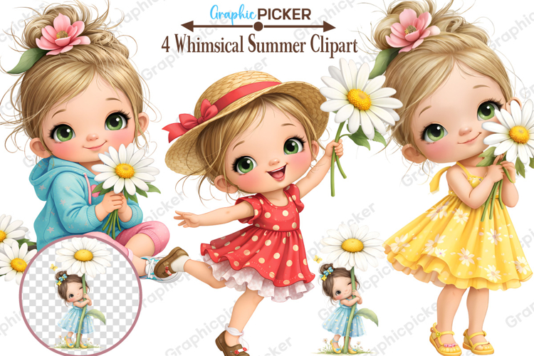 Whimsical Summer Daisy Girl Clipart, Whimsical Summer Girls