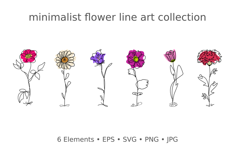 Minimalist Botanical Line Art Flower Set 6 Elements