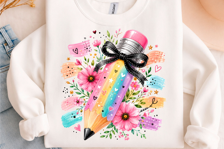 Rainbow Floral Pencil Teacher PNG