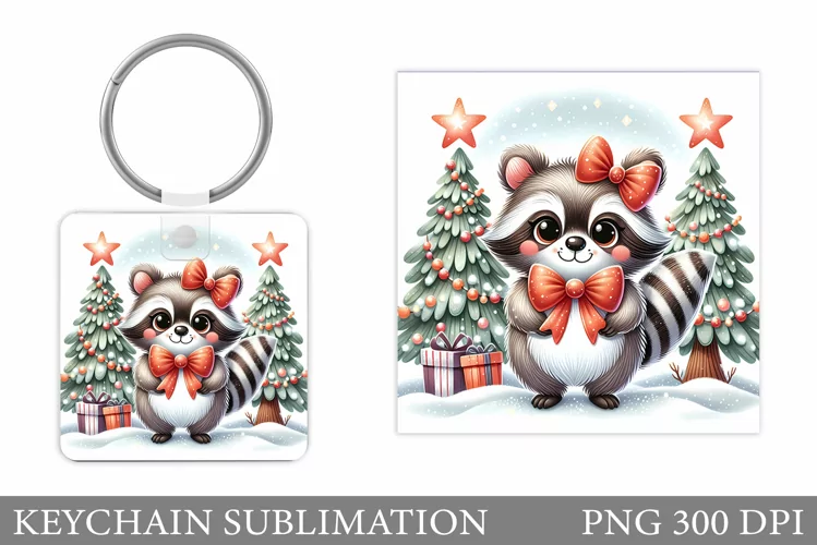 Cute Raccoon Keychain Design. Raccoon Christmas Keychain