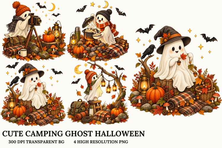 Cute Camping Ghost Halloween PNG
