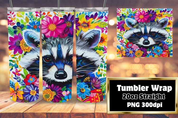 20oz Tumbler Wrap: Colorful Raccoon with Flowers Sublimation example image 1