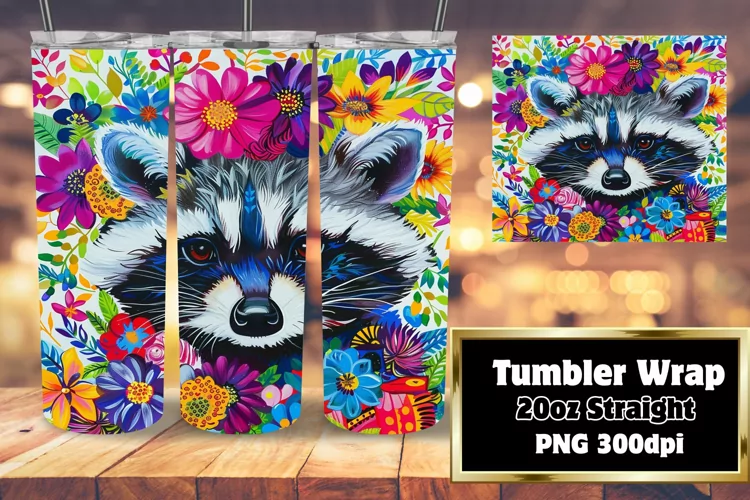 20oz Tumbler Wrap: Colorful Raccoon with Flowers Sublimation