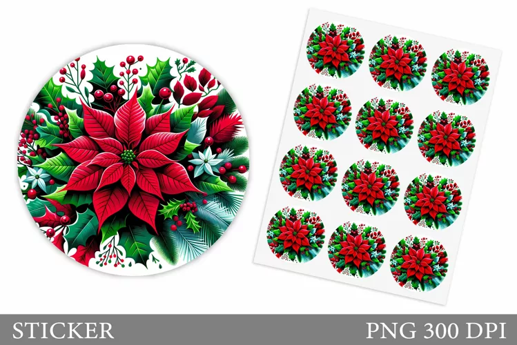 Poinsettia Sticker Design. Christmas Sticker Printable