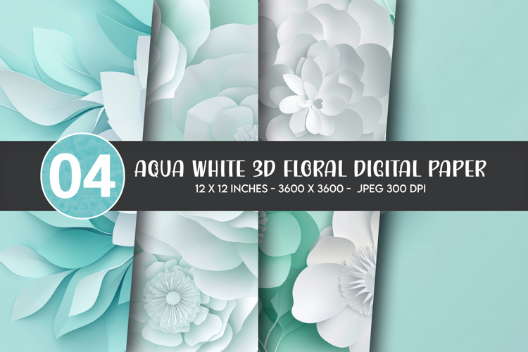 Aqua White 3D Floral Digital Paper example image 1