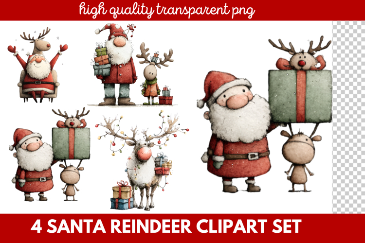 4 Santa Reindeer Clipart Set | Cute Christmas Reindeer PNG