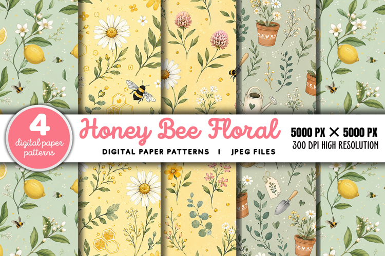 Honey Bee Floral Seamless Digital Paper JPG example image 1