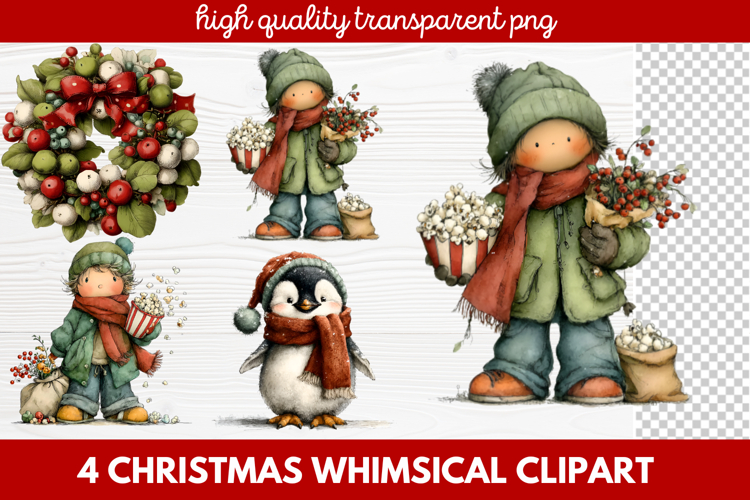 4 Whimsical Christmas Clipart featuring cute holiday charact