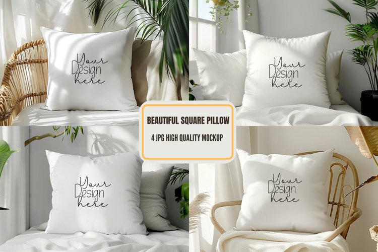 Pillow Mockup, White Square Pillow Mockup, Lay Flat Pillow example image 1