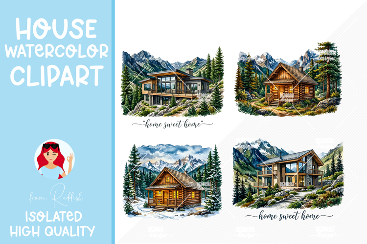 4 Cozy Watercolor House Clipart