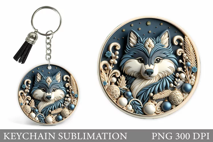 Christmas Wolf Keychain. Christmas Keychain Sublimation