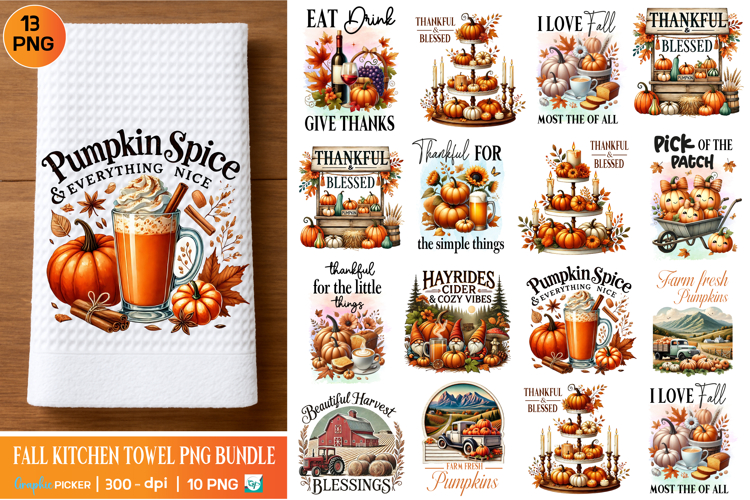 Fall Kitchen Towel Bundle, Pumpkin Kitchen Towel Bundle PNG