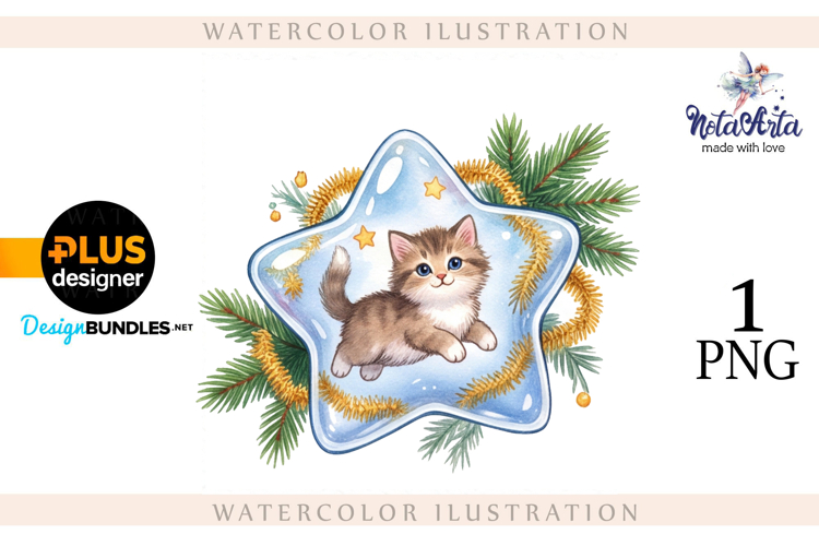 Christmas Kitten in Watercolor Style