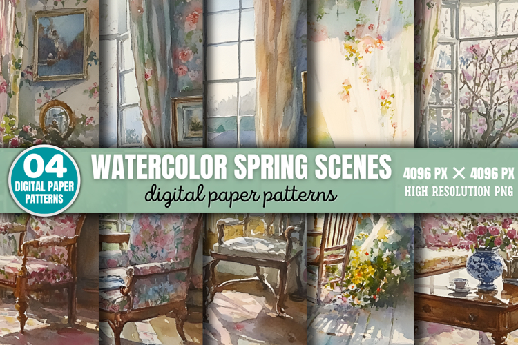 Watercolor Spring Scenes Digital Paper Background PNG