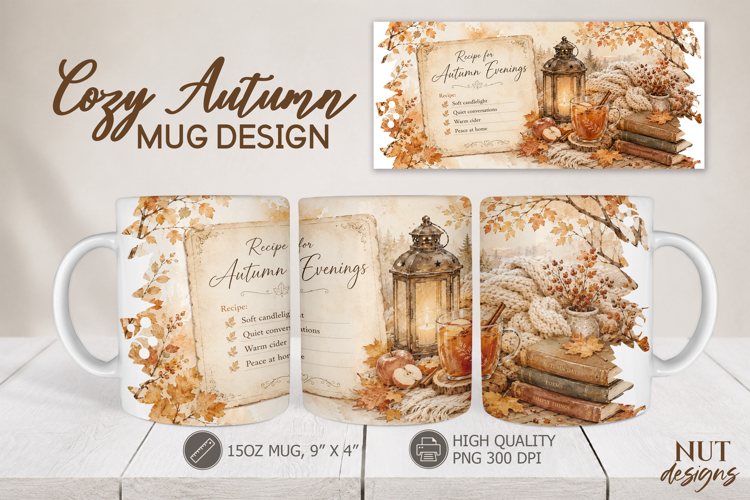 Autumn Evenings Mug Wrap sublimation Hygge Fall mug 15 oz