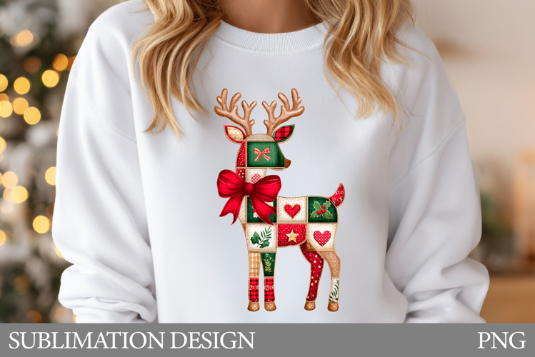 Patchwork Deer Sublimation. Christmas Reindeer T-Shirt