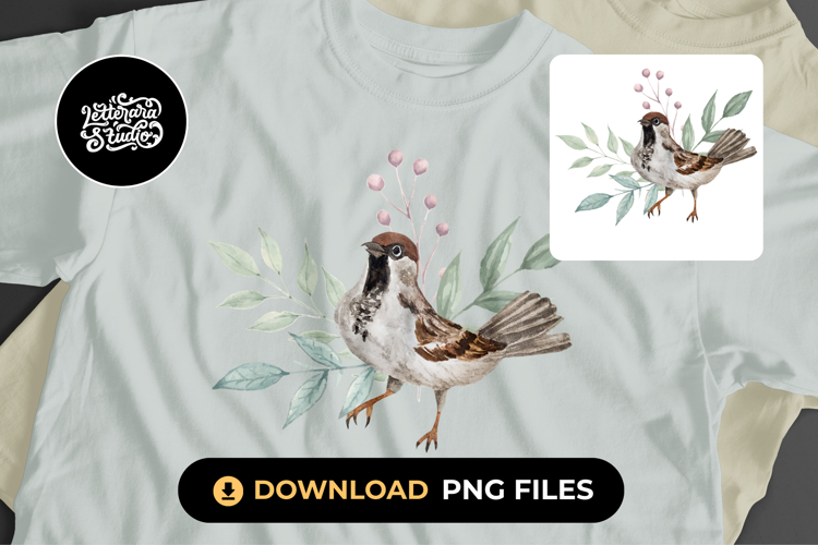 Floral Sparrow Bird Watercolor Illustration