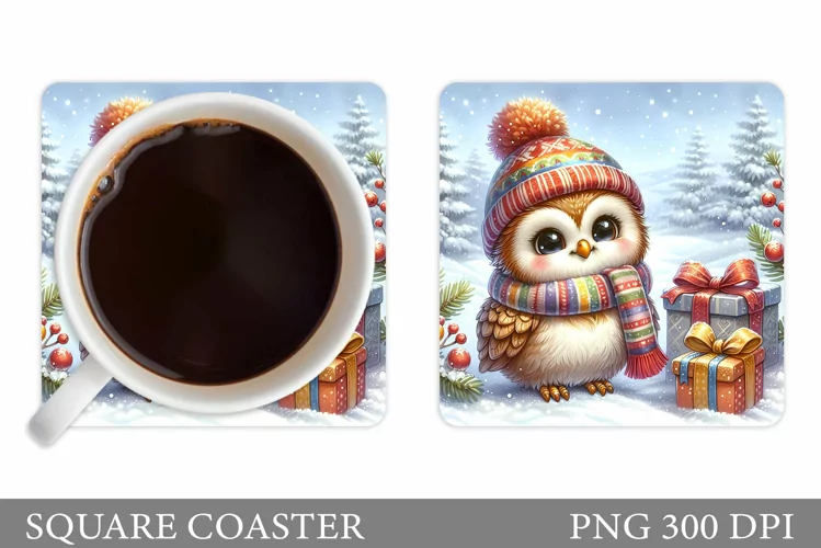 Christmas Owl Coaster Sublimation. Christmas Coaster Design