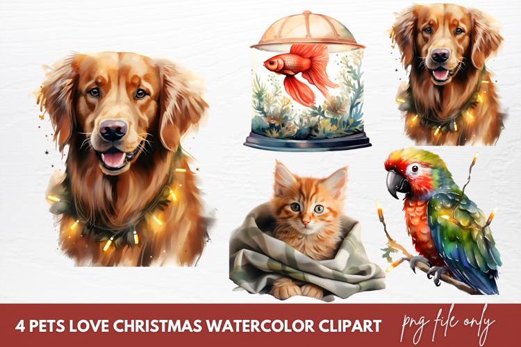 Pets Love Christmas Watercolor Clipart