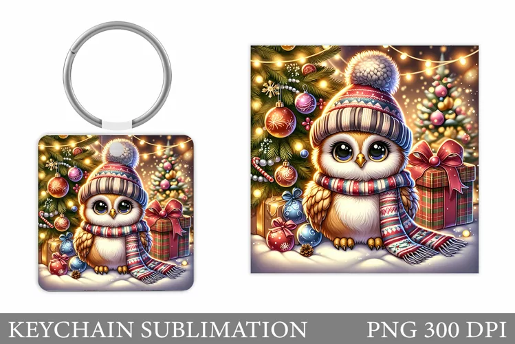 Cute Owl Keychain Sublimation. Christmas Keychain Design