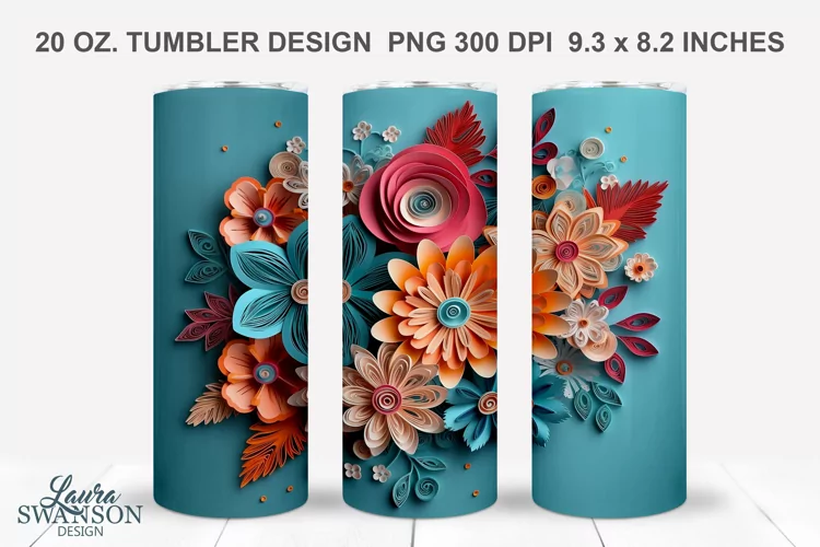 3D Paper Quill Vintage Flowers Sublimation Tumbler Wrap #6