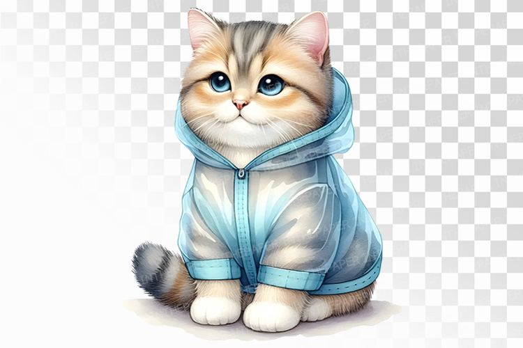 Tabby Cat Sitting in Transparent Blue Raincoat PNG Summer