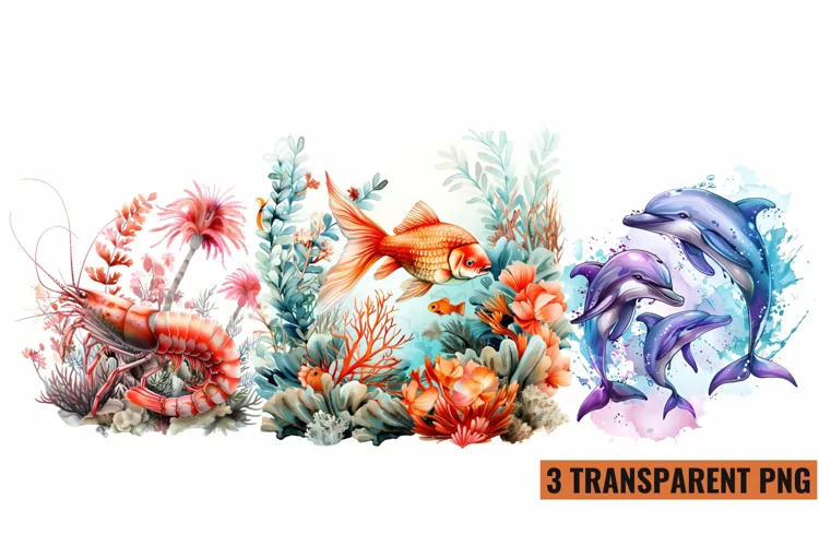 Watercolor Sea Animals Clipart , PNG
