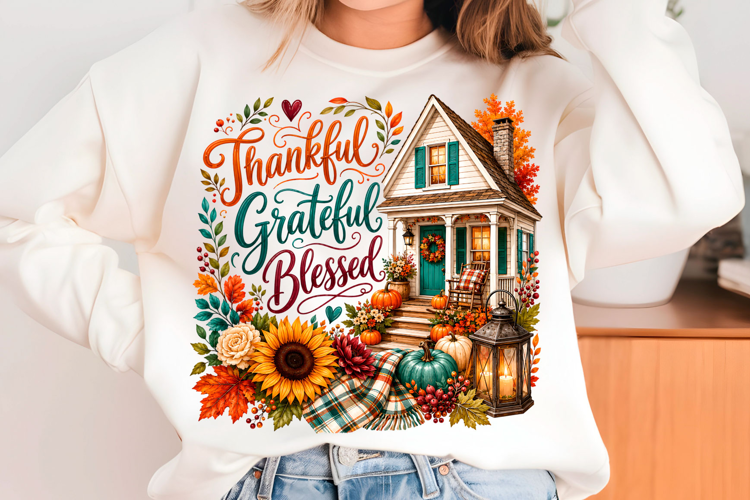 Thankful Grateful Blessed PNG Cozy Fall Home Sublimation