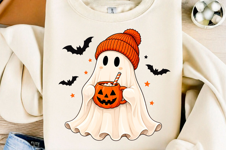 Cute Cozy Ghost Halloween PNG Pumpkin Cocoa Sublimation