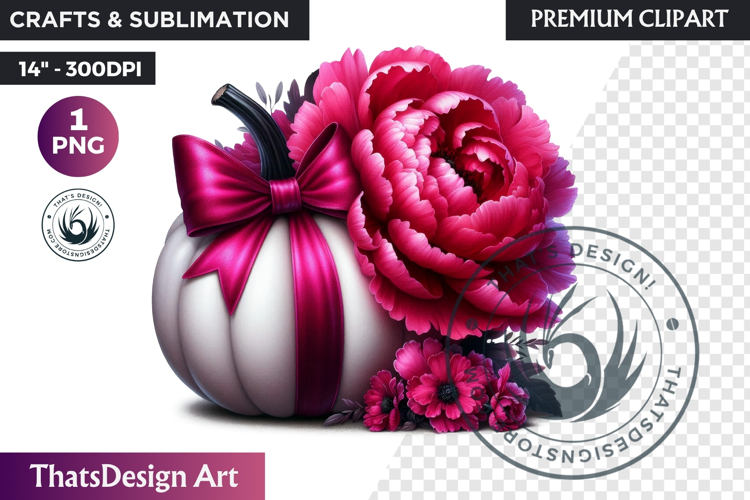 Floral Pink Coquette Pumpkin with bow PNG, Autumn Girly bow