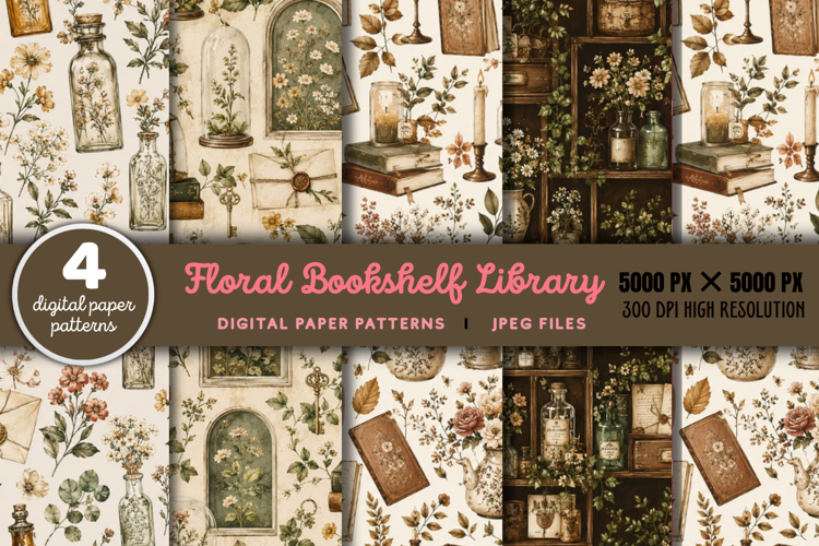 Floral Bookshelf Library Digital Pattern JPG