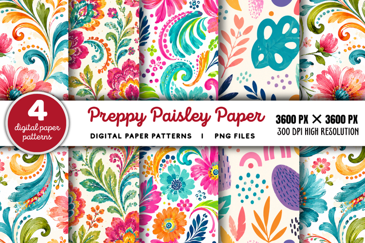 Bright Preppy Paisley Digital Paper PNG