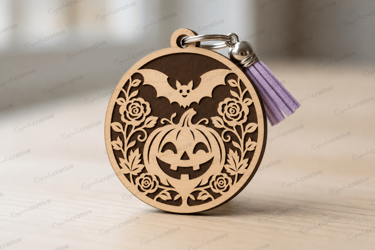 Bat Pumpkin Round Keychain Laser Cut SVG File bat pumpkin sv